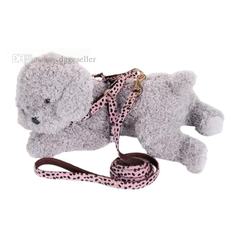 Leopard Print Collars Leash set Mohair and Leather Double Layer Durable No Pull Dog Harness Soft Adjustable Step in Puppy Vest for Small Dogs Outdoor 