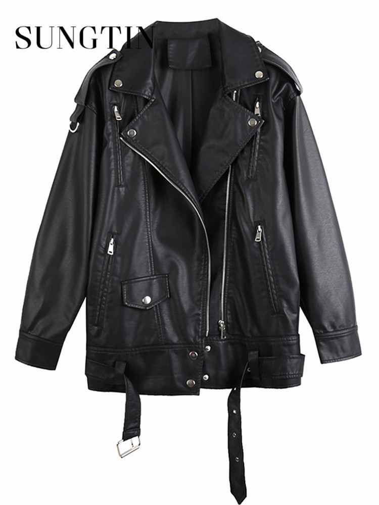 Women's Leather Faux Leather Sungtin Black PU Leather Jacket Women's with Ultrafine Belt Korea Loose Fit Motorcycle Artificial Leather Jacke