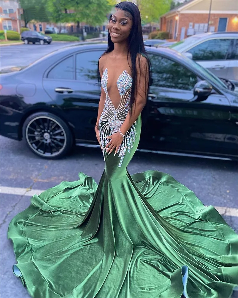 O Green Sheer Neck Long Prom Dress For Black Girls Beaded Crystal Dia Birthday Party Dresses Mermaid Evening Gown Robe De Es es
