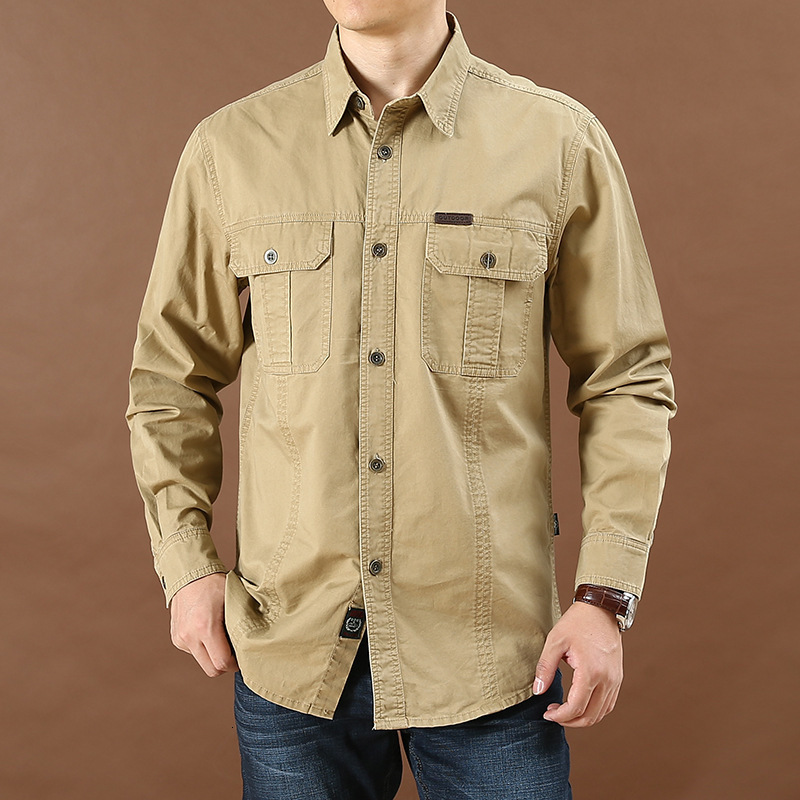 Men's Casual Shirts Men's Casual Loose Big Pocket Military Shirts solid Fashion Social Business Shirt men Spring Autumn men's long slee