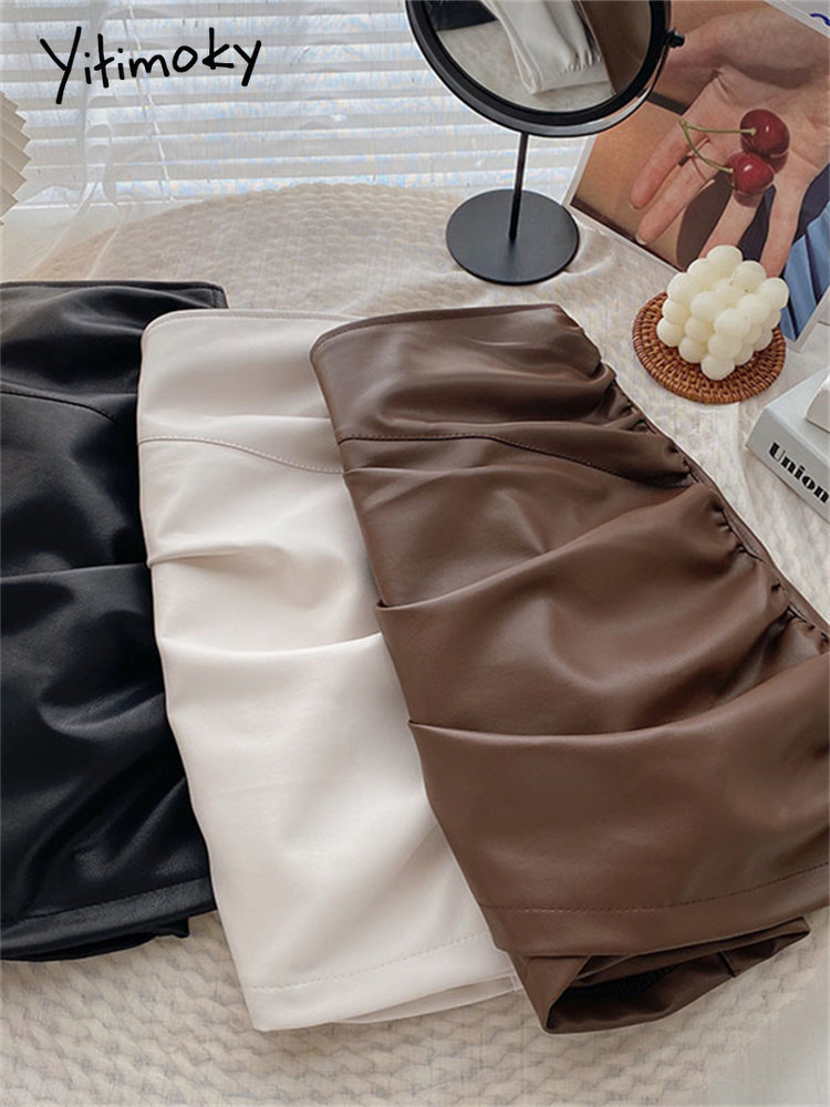 Skirts Yitimoky Leather Skiing Women's Cross Fold Pu Mini Black Skiing Fall Korea Fashion Casual Coffee Gothic Ski Belt Lining 230329