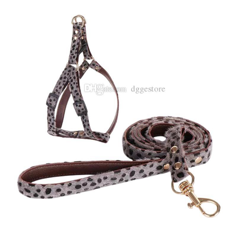 Leopard Print Collars Leash set Mohair and Leather Double Layer Durable No Pull Dog Harness Soft Adjustable Step in Puppy Vest for Small Dogs Outdoor 