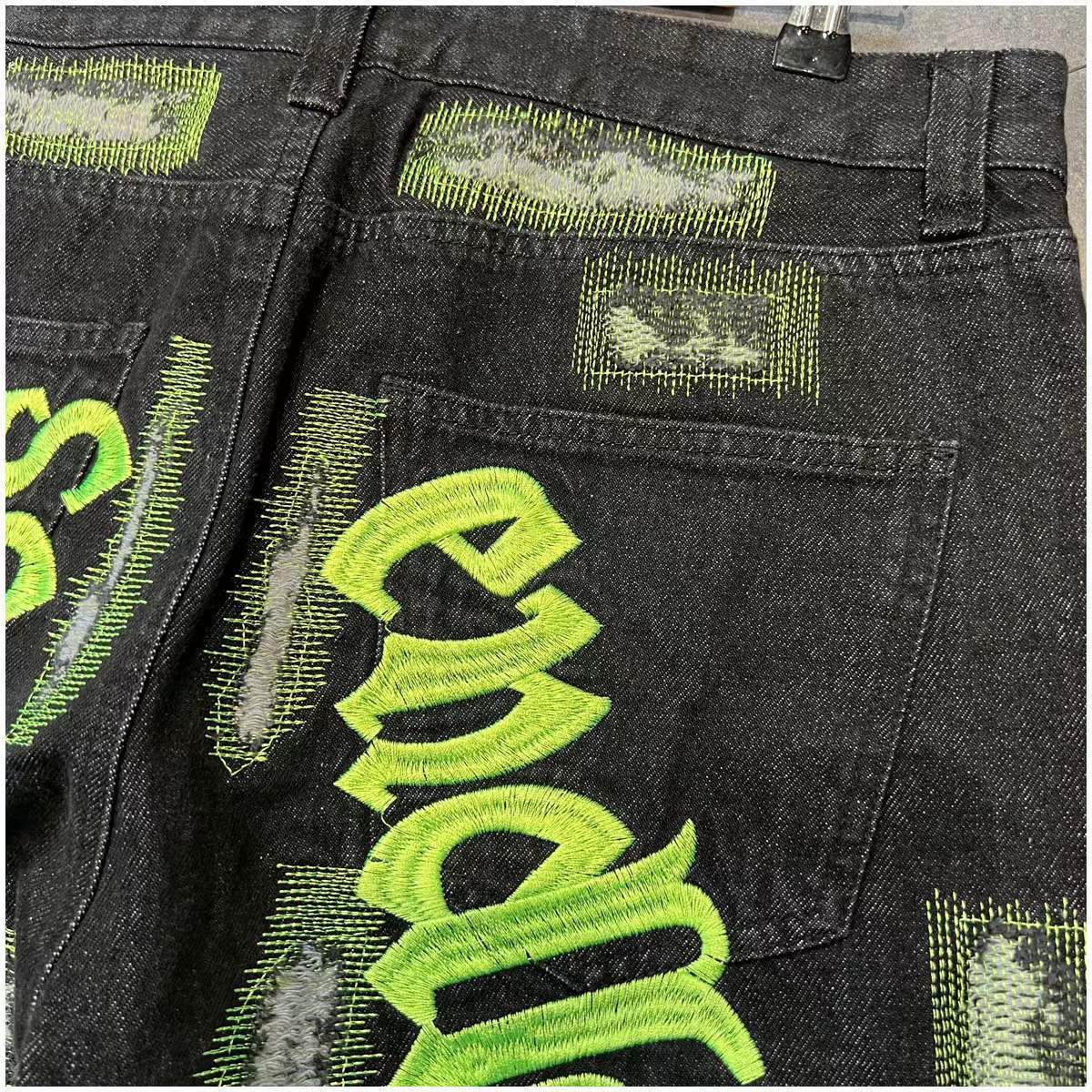 Mens Jeans Heavy Craft Washed Broken Embroidered Alphabet High Street Black Men Women Unisex 230329