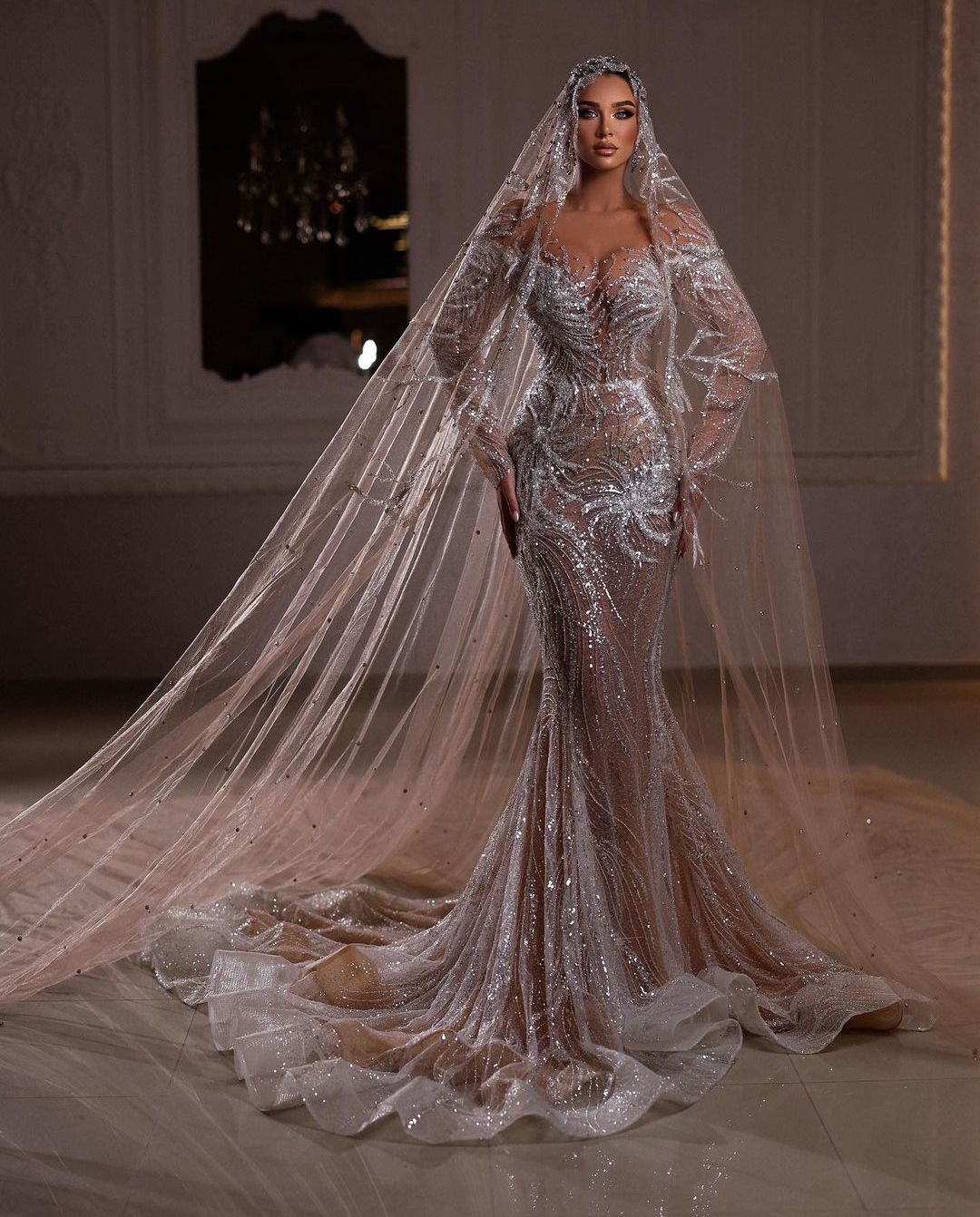 Mermaid Wedding Sexy Dresses Long Sleeves V Neck Beaded Sequins Appliques 3D Lace Hollow Sparkly Lace-Up Bridal Gowns Plus Size Vestido De Novia Custo