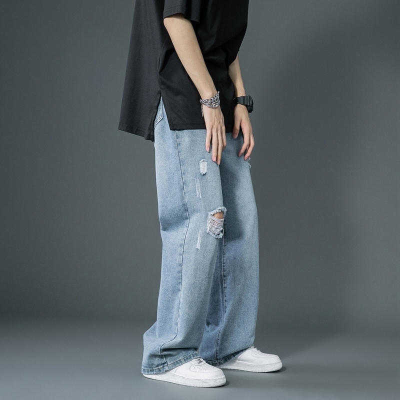 Men's Jeans Spring Summer Men's Ripped Wide Leg Jeans Korean Trend Straight Baggy Denim Pants Male Vintage Blue Trousers 230329