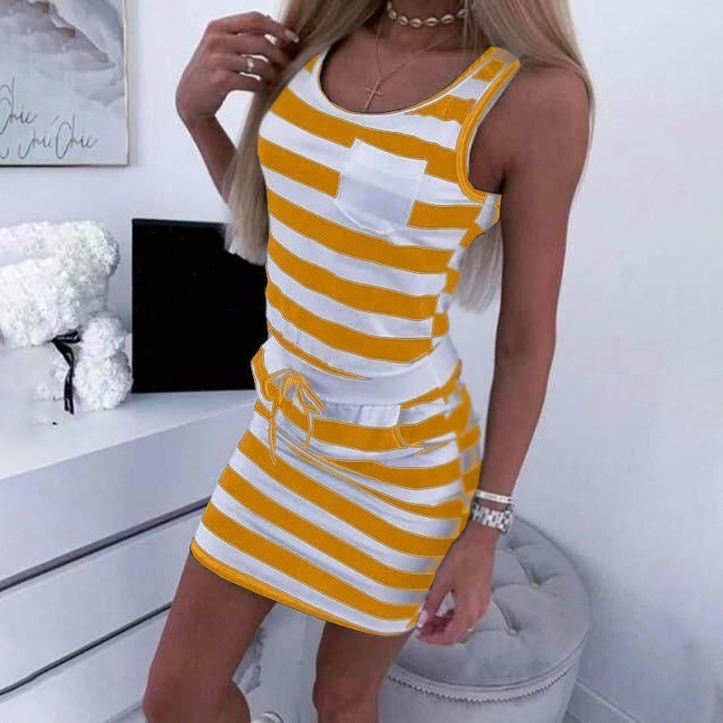 Casual Dresses Casual Women's Striped Pocket Dress Fashion ONeck Sleeveless Sexy Slim Tank Top Mini Dress Summer Women's Casual Sun Dress 23