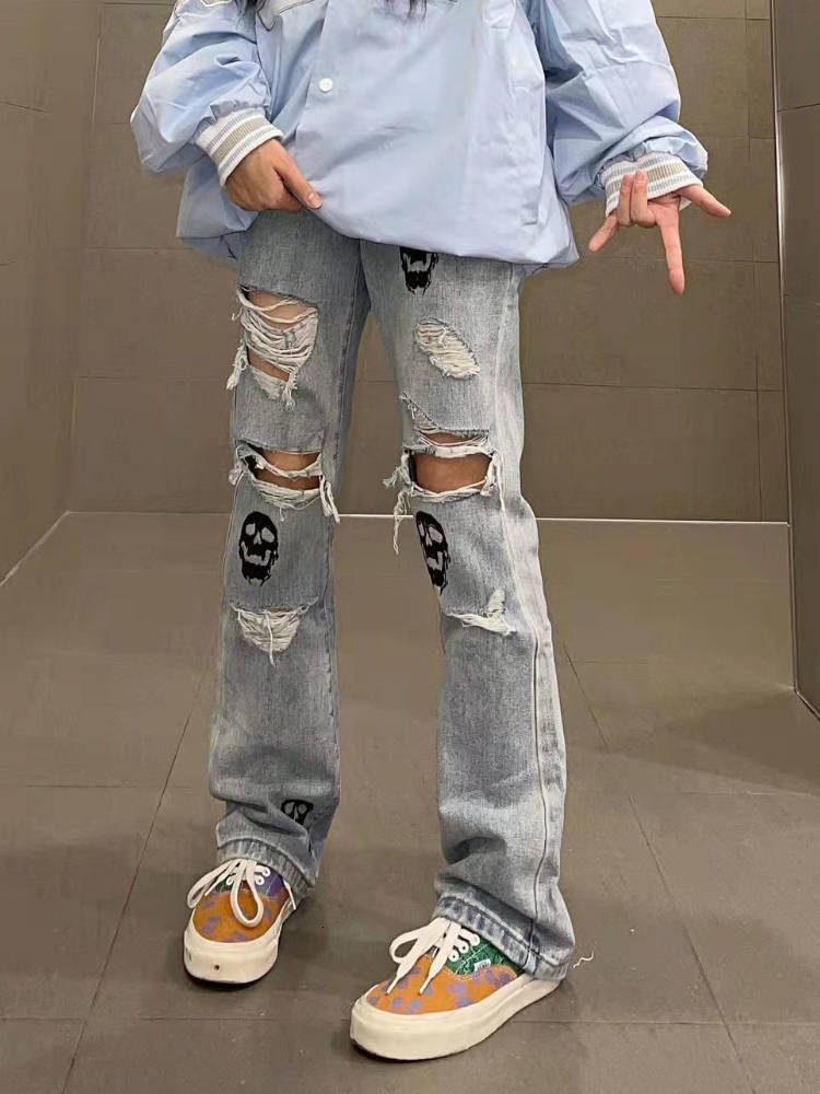 Womens Jeans Grunge Retro Black Pants Hollow Out 80s Aesthetic Vintage Gothic Streetwear Skull Blue Distressed Denim Trousers 230329