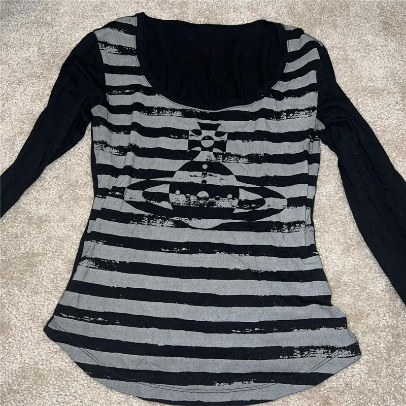 Women's TShirt Xingqing Gothic Grunge Tops y2k Aesthetic Stripe Long Sleeve TShirt 2000s Graphic Tshirt Dark Academic Apparel E Girls' Stree