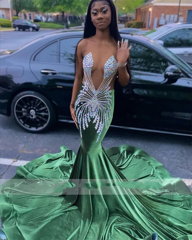 O Green Sheer Neck Long Prom Dress For Black Girls Beaded Crystal Dia Birthday Party Dresses Mermaid Evening Gown Robe De Es es
