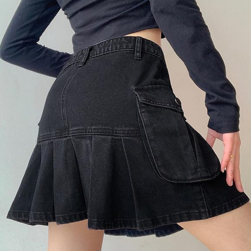 Skirts Women Folds Denim Mini Sexy Kawaii Streetwear Korean Style Chic Casual ALine Vintage Fashionable Harajuku Sweet Girls 230329