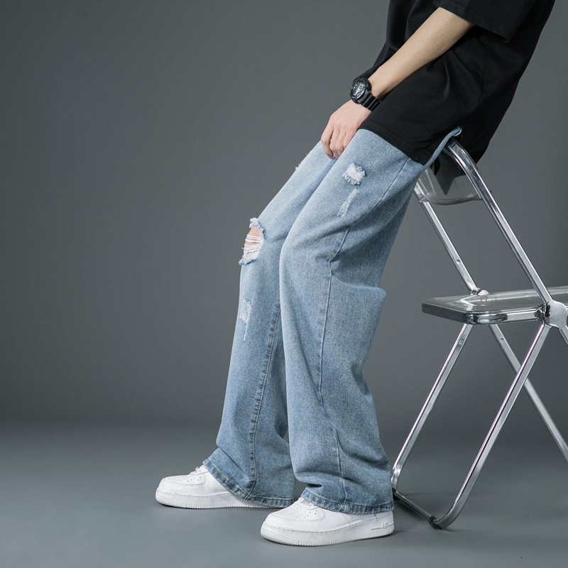 Men's Jeans Spring Summer Men's Ripped Wide Leg Jeans Korean Trend Straight Baggy Denim Pants Male Vintage Blue Trousers 230329