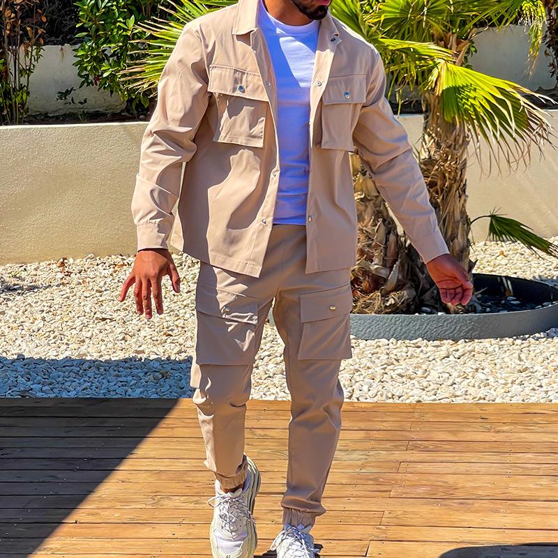 Men's Casual Tracksuit 2 Piece Set Polyester Long Sleeve Lapel Coat Work Pants Black, Blue, Green, Brown - Spring & Autumn B3