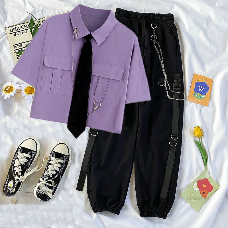 Women's Pants s Cargo Pant High Waist Jogger 2 Piece Suit Summer Short Sleeve Shirt Trousers Streetwear 230329