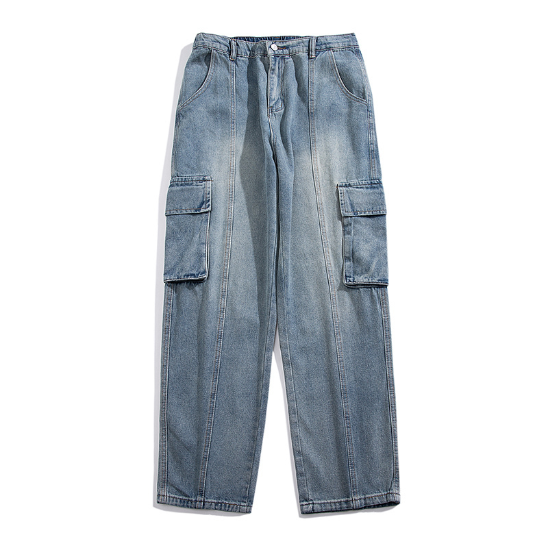 Men's Jeans Spring Cargo Jeans Men's Baggy Big Pocket Denim Pants Street Fashion Casual Korean Wide Leg Trousers Streetwear 230329