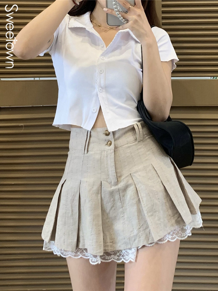 Skirts Sweetown Korean Fashion Khaki Short Lace Trim Cute Pleated Womens Preppy Style Button Up High Waist Summer 230329