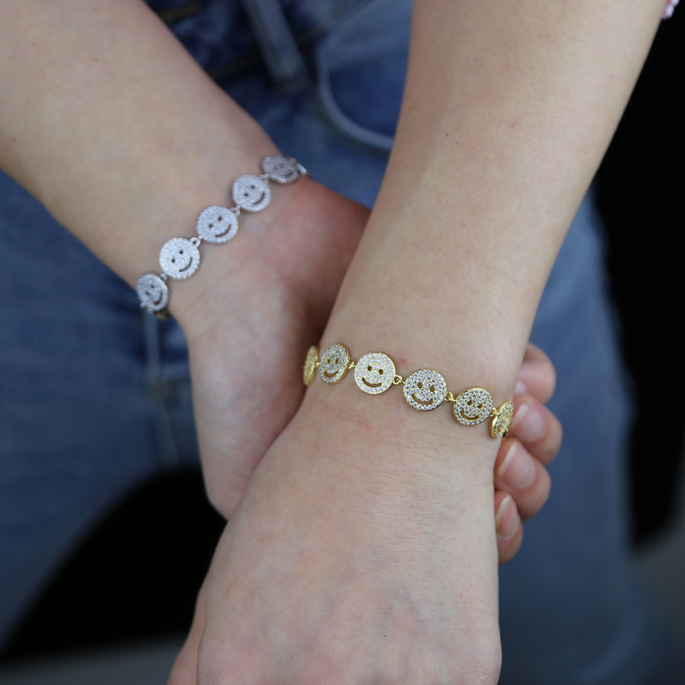 Charm Bracelets Gold Plated Women Girl Micro Pave Cubic Zirconia Good Luck Happy Smile Face Disc Birthday Gifts Jewelry 230329