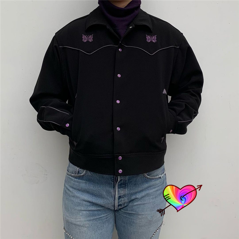 Men's Jackets Black Needles Jackets Men Women Purple Stripe Butterfly Embroidery AWGE NEEDLES Track Jacket High Street Outerwear Coats 230329