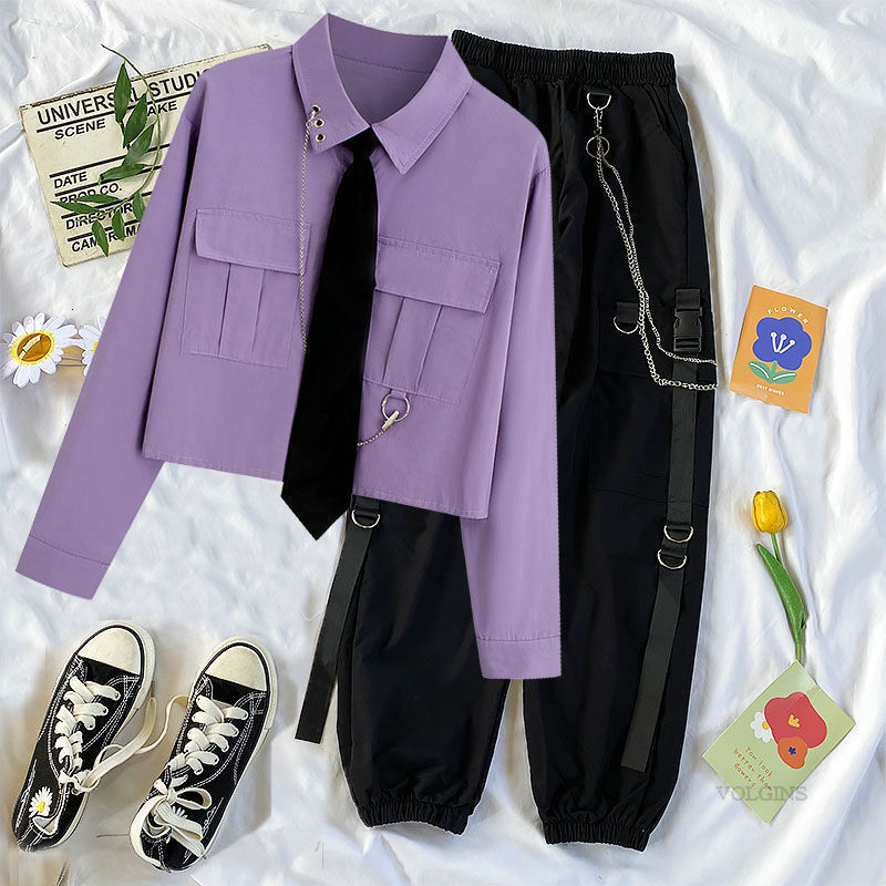Women's Pants s Cargo Pant High Waist Jogger 2 Piece Suit Summer Short Sleeve Shirt Trousers Streetwear 230329