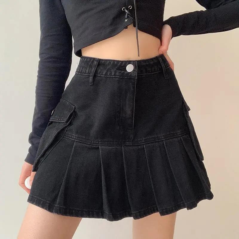 Skirts Women Folds Denim Mini Sexy Kawaii Streetwear Korean Style Chic Casual ALine Vintage Fashionable Harajuku Sweet Girls 230329