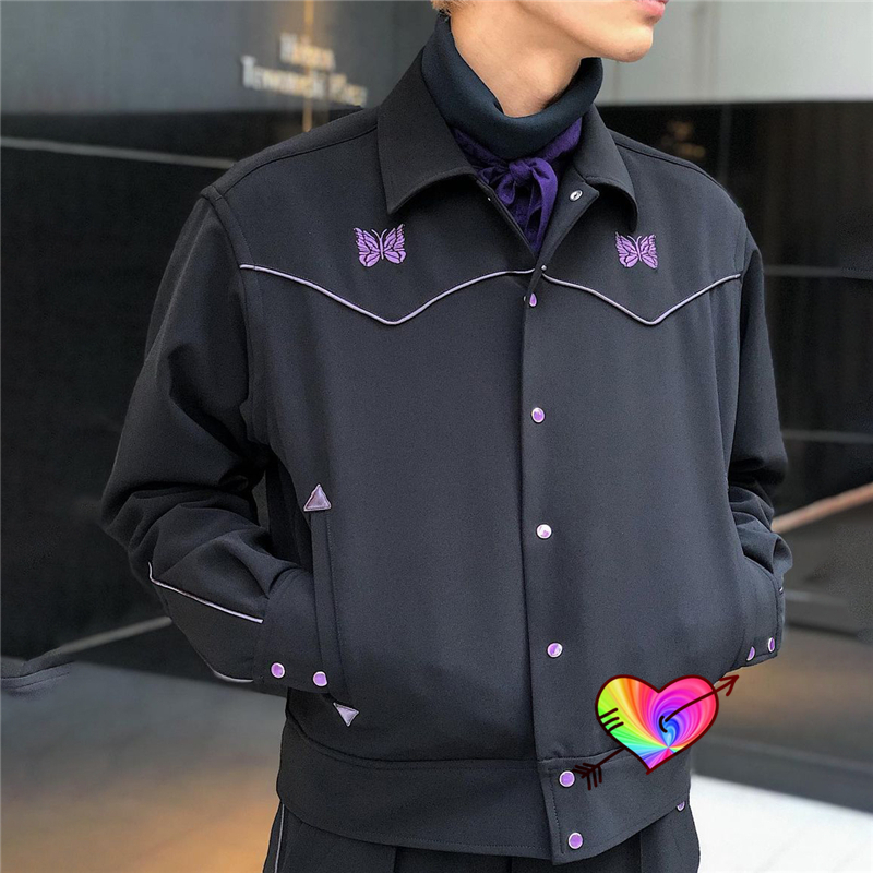 Men's Jackets Black Needles Jackets Men Women Purple Stripe Butterfly Embroidery AWGE NEEDLES Track Jacket High Street Outerwear Coats 230329