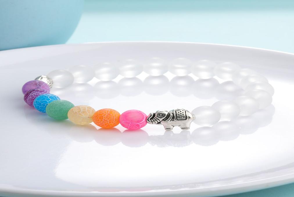 Men Women Elephant Charms 7 Chakra Bracelet Clear White Agate Colorful Wind Fossils Bead Bracelet Jewelry