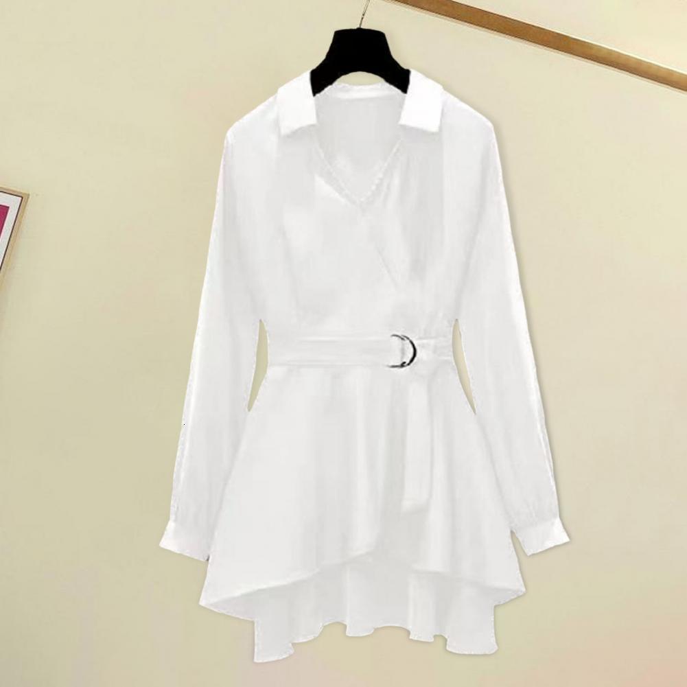 Women's Blouses Shirts Women's Shirt Dress Polo Collar VNeck Long Sleeve Irregular Hem Waist Tight Adjustable Belt Zipper Top Women's C