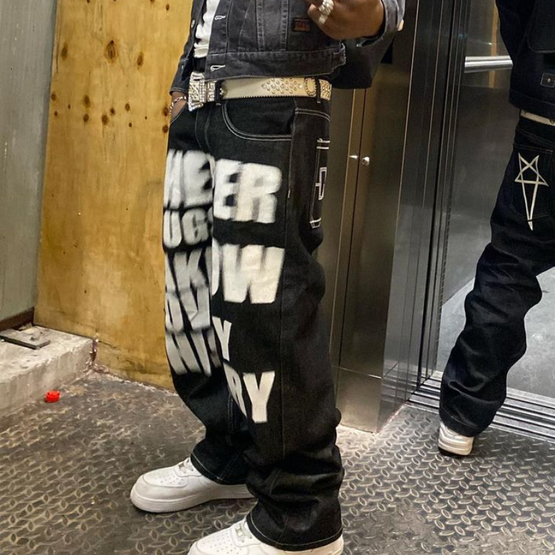 Mens Jeans Wide Leg Trousers Printed Streetwear Straight Hip Hop Letterprinted Pants Trend Fashion Punk Rock Loose 230329
