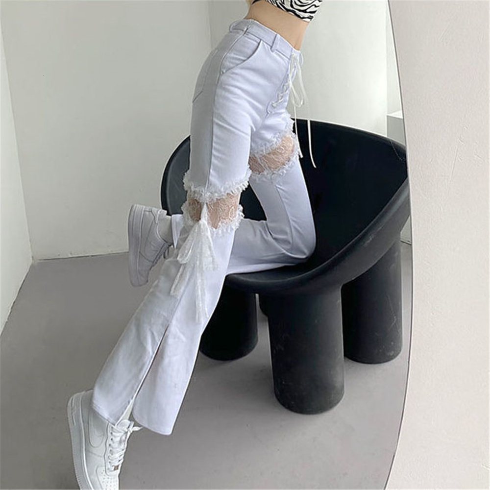 Womens Jeans Y2k Lace Stitching Hollow Out Side Slit Bandage High Waist Flared Slim Gothic Punk Streetwear Denim Pants Harajuku Trouser 230329