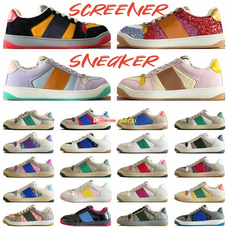 Screener sneaker beige Butter Dirty leather Canvas Shoes Italy vintage Red and Green Web stripe Luxurys Designers womens Sneakers rubber sole Cla