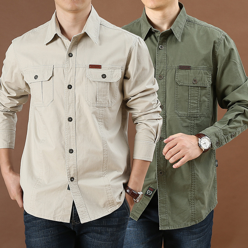 Men's Casual Shirts Men's Casual Loose Big Pocket Military Shirts solid Fashion Social Business Shirt men Spring Autumn men's long slee