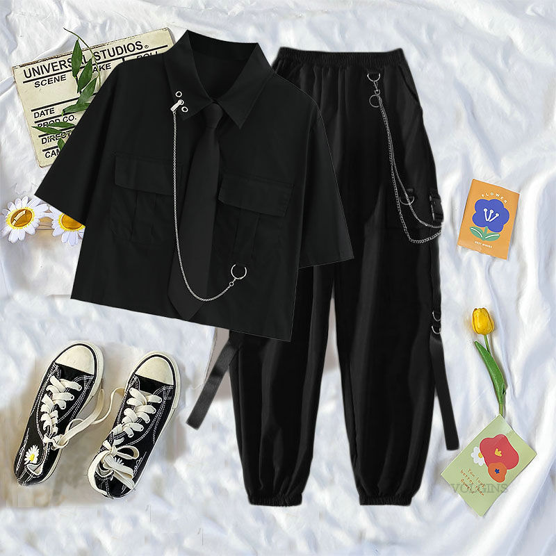 Women's Pants s Cargo Pant High Waist Jogger 2 Piece Suit Summer Short Sleeve Shirt Trousers Streetwear 230329