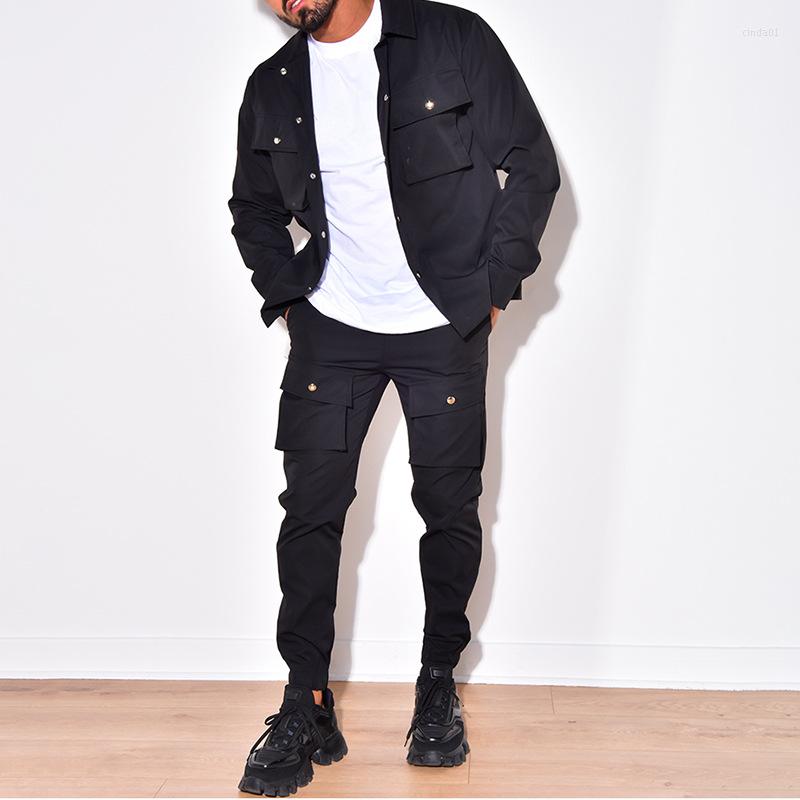 Men's Casual Tracksuit 2 Piece Set Polyester Long Sleeve Lapel Coat Work Pants Black, Blue, Green, Brown - Spring & Autumn B3