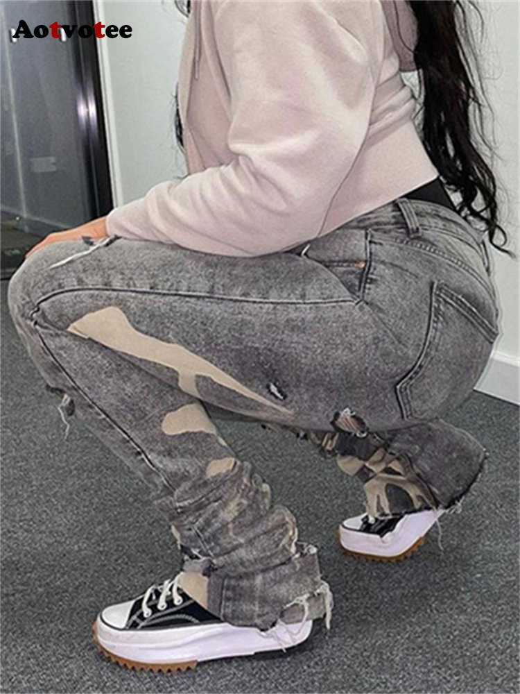 Womens Jeans Aotvotee Ripped for Women 2023 High Waisted Korean Fashion Streetwear Slim Vintage Pencil Strecth Casual 230329
