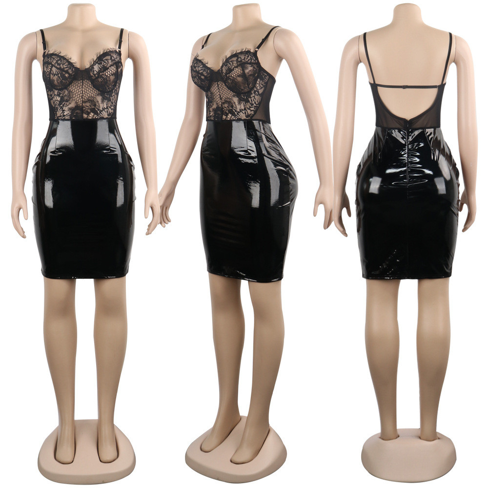 2024 NEW Designer Spaghetti Strap Leather Dresses Women Sexy Backless Lace Bodycon PU Dress Summer Mini Dress Party Night Clubwear Wholesale Clothes 9