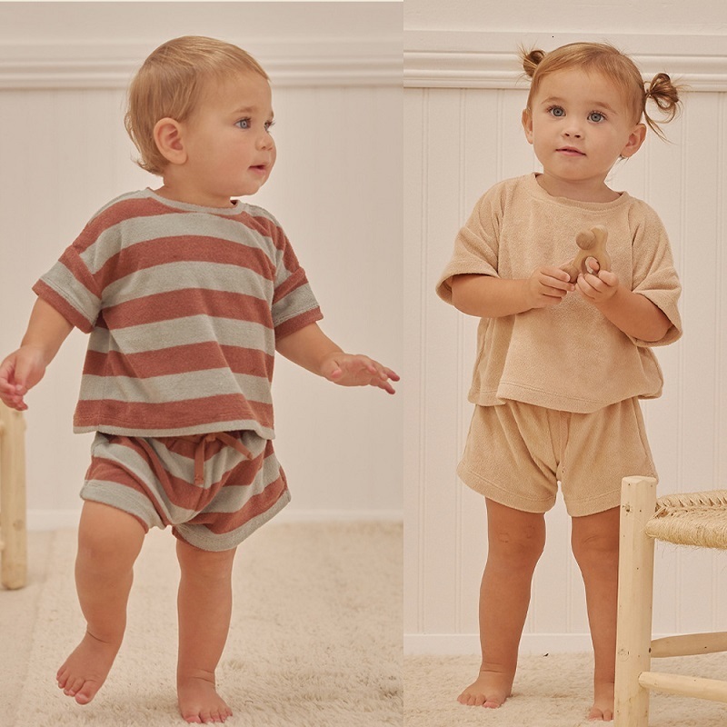 Clothing Sets Pakaian Bayi Baru Lahir Anak Laki laki Kasual Gaya Barat Bergaris Lengan Pendek T shirt Setelan Perempuan Musim Panas Katun Segitiga Cel