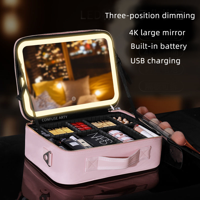 Cosmetic Bags Cases Smart LED Makeup bag With Mirror Large Capacity Professional Waterproof PU Leather Travel Case For Women 230329