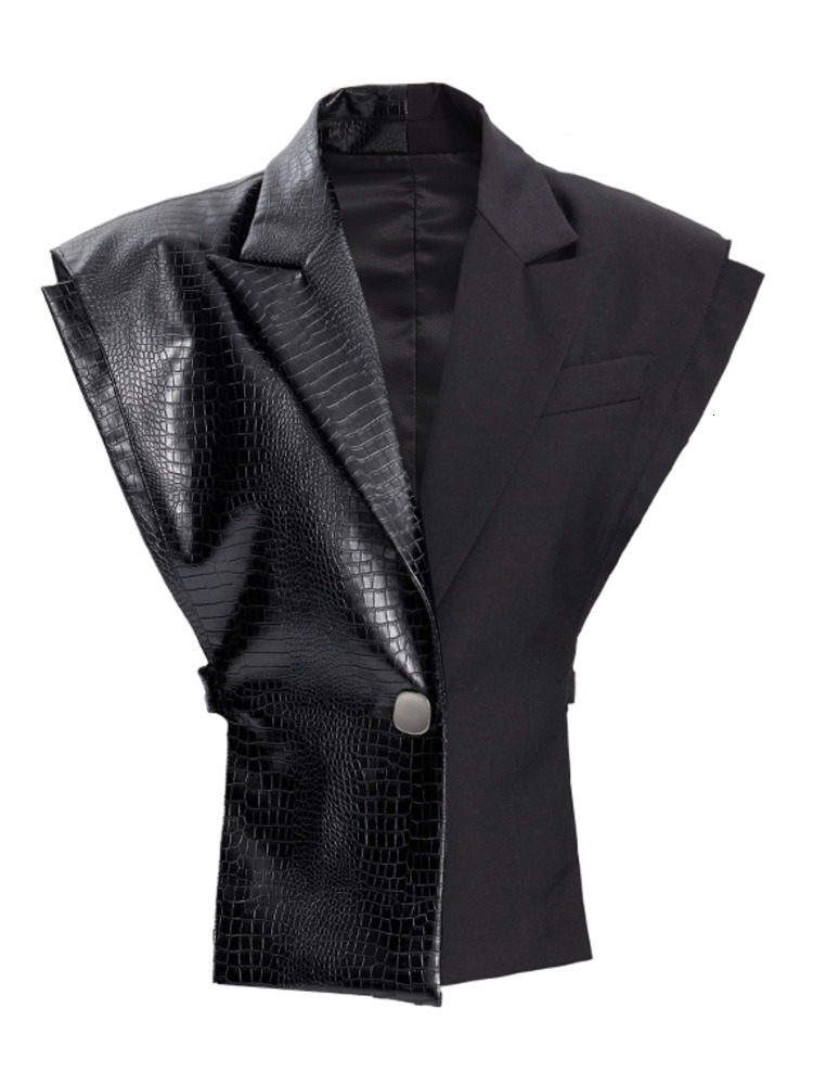 Women's Vests DEAT Fashion Women's Tank Top Notched Neckline Metal Single Button Sleeveless PU Leather Patch Work Waist Coat Autumn 17A4152 