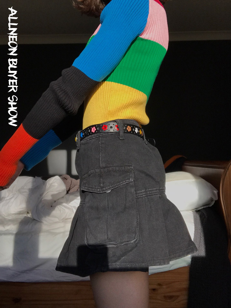 Skirts ALLNeon Mall Goth Y2K High Waist Jean Egirl Aesthetics Black Denim Pleated with Big Pockets Grunge Punk Outfits 230329