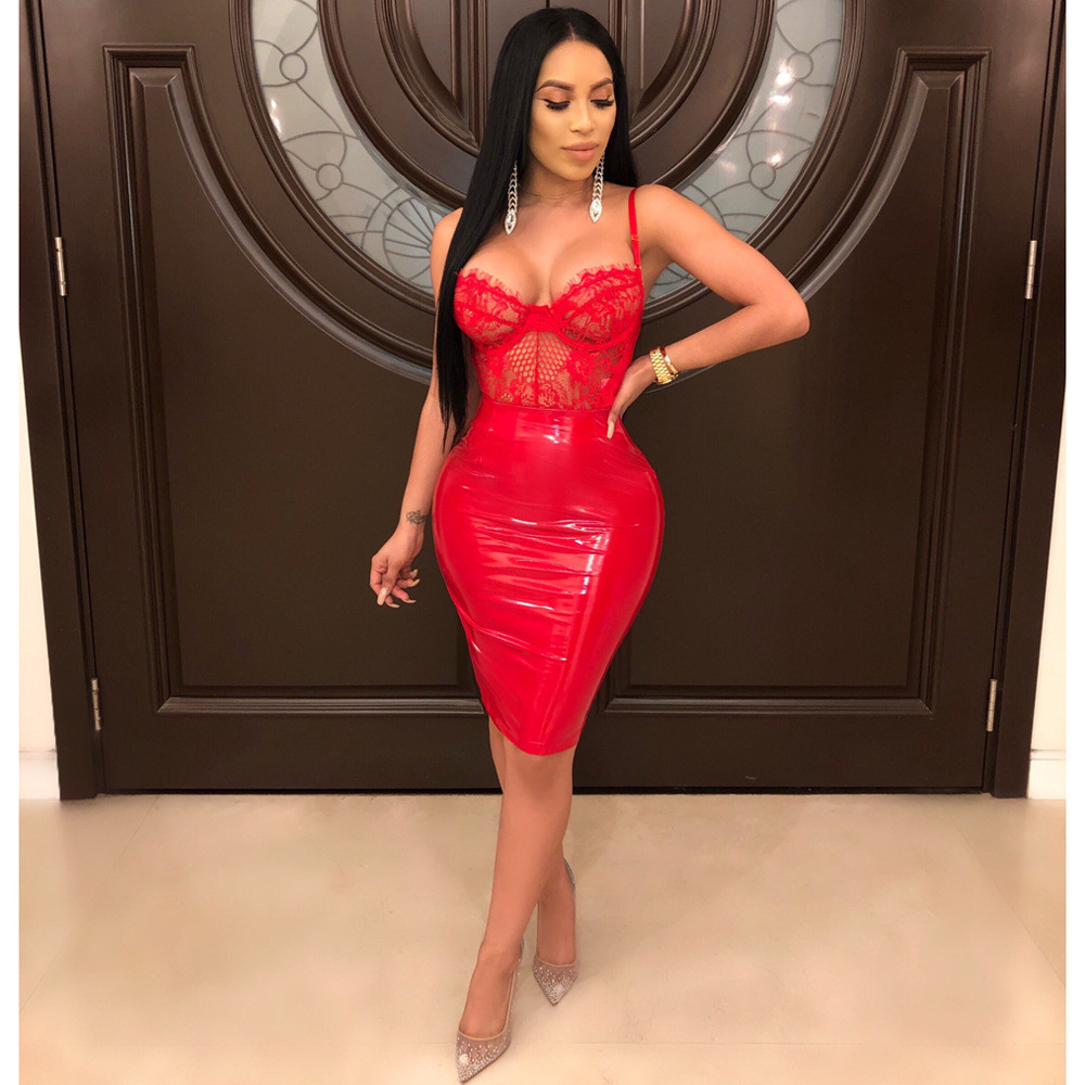 2024 NEW Designer Spaghetti Strap Leather Dresses Women Sexy Backless Lace Bodycon PU Dress Summer Mini Dress Party Night Clubwear Wholesale Clothes 9