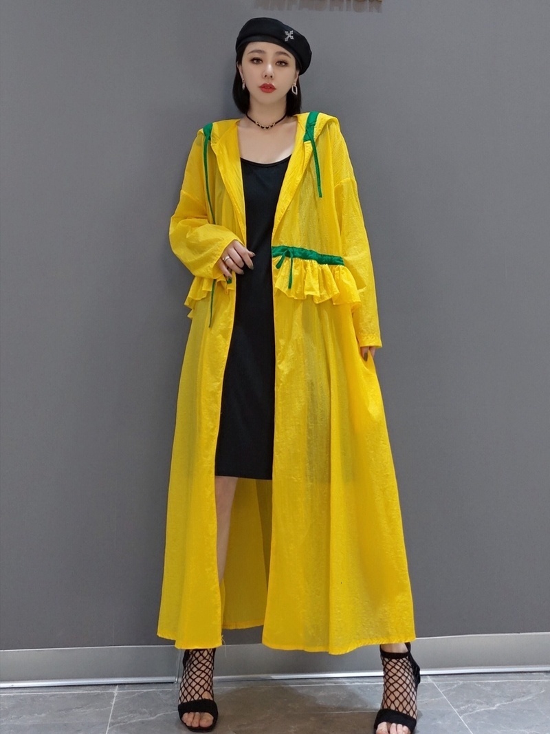 Women's Trench Coats Vefadisa 2023 Spring Summer Hooded Cardigan Loose Midlength Ruffle Splicing Solid Color Sunscreen Coat Women LHX3974 230329