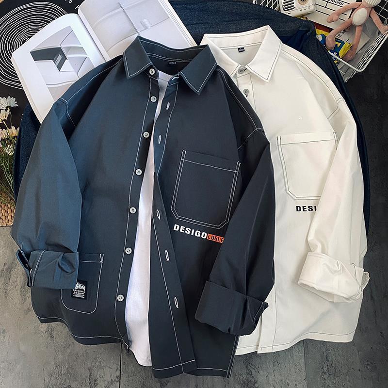 Men's Casual Shirts Men's long sleeved loose fitting Japanese summer hip-hop shirt Men's casual city boy Spring autumn letter printed p