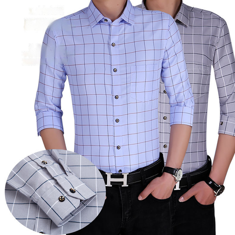 Men's Casual Shirts Thin Long Sleeve Printed Shirt Men's Korean Slim Fit Plaid Shirt Casual Business Dress Shirts Fashion Striped Streetwear