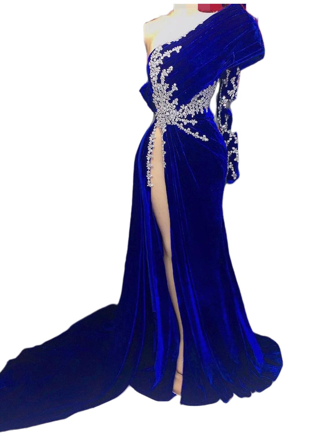 2023 Arabic Aso Ebi Royal Blue Prom Dress Beaded Crystals Sheath Evening Formal Party Second Reception Birthday Engagement Gowns Dresses Robe De Soire
