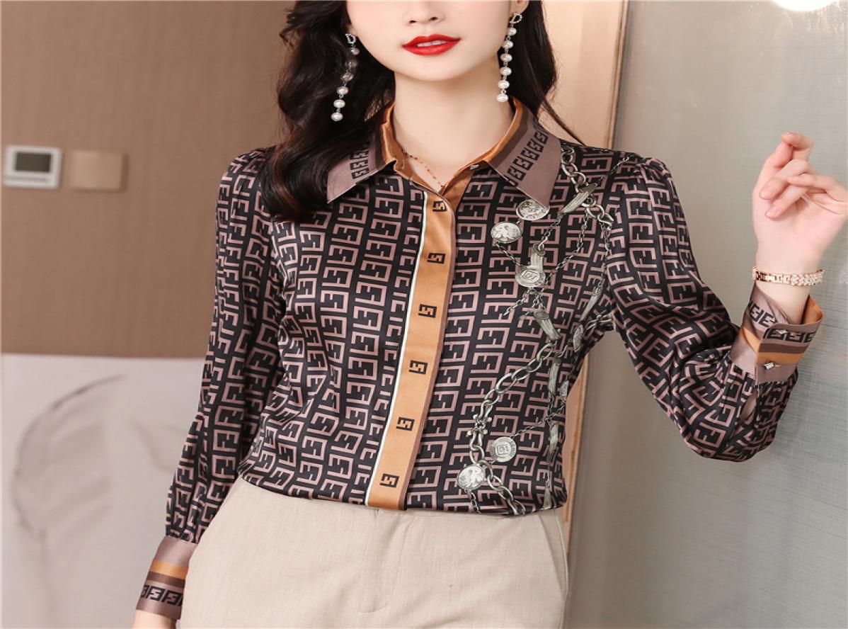 Fashion Silk Print Brown Shirt Women Long Sleeve Lapel Button Designer Blouses Spring Autumn Office Ladies Shirts Runway Woma
