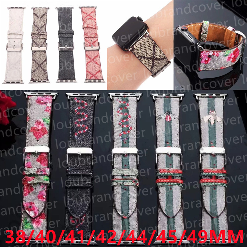 Designer Watch Band Smart Straps for apple watch band 49mm 38mm 44mm 45mm iwatch series 8 9 4 5 6 7 Strap Leather Bracelet Colorful Flower Bee Snake G Print ap watchbands
