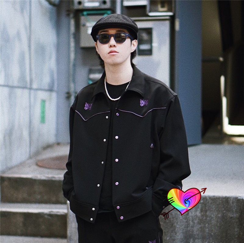 Men's Jackets Black Needles Jackets Men Women Purple Stripe Butterfly Embroidery AWGE NEEDLES Track Jacket High Street Outerwear Coats 230329