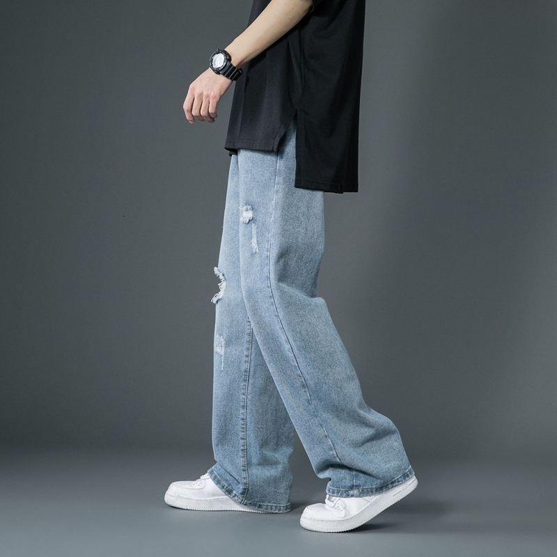 Men's Jeans Spring Summer Men's Ripped Wide Leg Jeans Korean Trend Straight Baggy Denim Pants Male Vintage Blue Trousers 230329