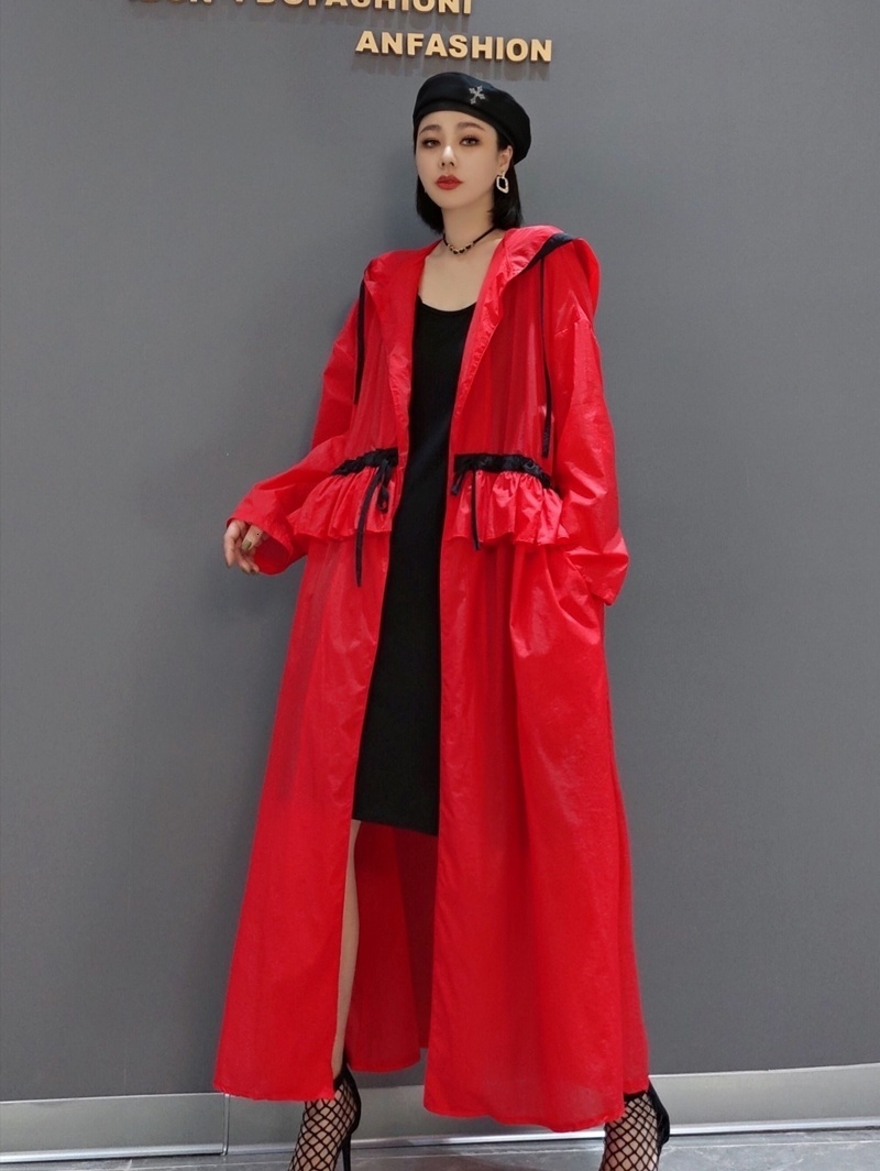 Women's Trench Coats Vefadisa 2023 Spring Summer Hooded Cardigan Loose Midlength Ruffle Splicing Solid Color Sunscreen Coat Women LHX3974 230329