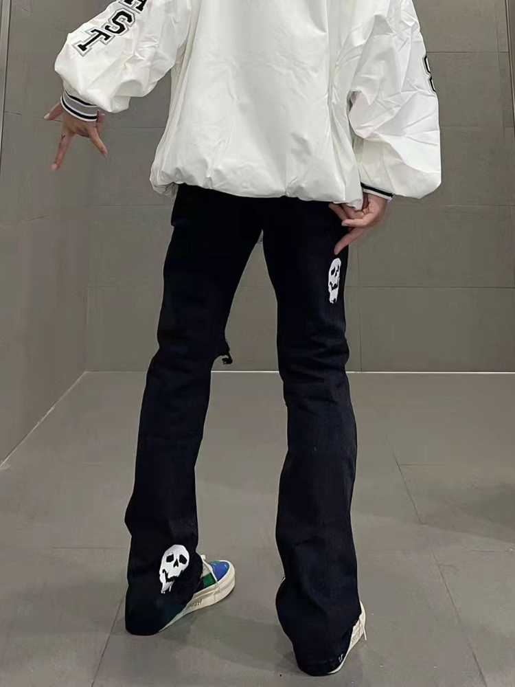 Womens Jeans Grunge Retro Black Pants Hollow Out 80s Aesthetic Vintage Gothic Streetwear Skull Blue Distressed Denim Trousers 230329