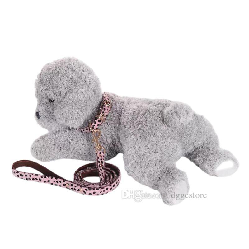 Leopard Print Collars Leash set Mohair and Leather Double Layer Durable No Pull Dog Harness Soft Adjustable Step in Puppy Vest for Small Dogs Outdoor 